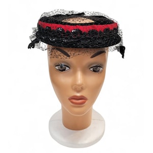 Vintage 1950s Black Velvet Pillbox Hat, Red Trim, Black Veil Bows Sequins, Union Made USA, Mid Century Evening Cocktail, 1940s Accessories