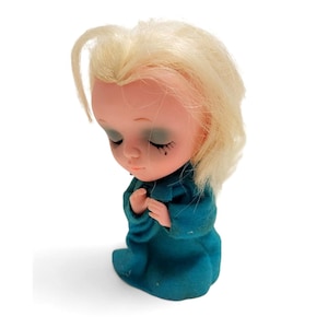 1967 Vintage Praying Angel Ornament, Blond Hair Turquoise Blue Dress, Pre Blythe Big Eye Doll, Kamar Japan, Holiday Christmas Decorations