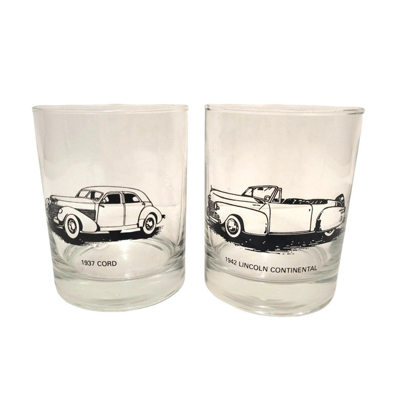 Vintage Classic Car Drink Glasses, Lincoln Continental Auburn Cord Rocks Cocktail Glass, Double Old Fashioned Barware, Mid Century Bar image 6