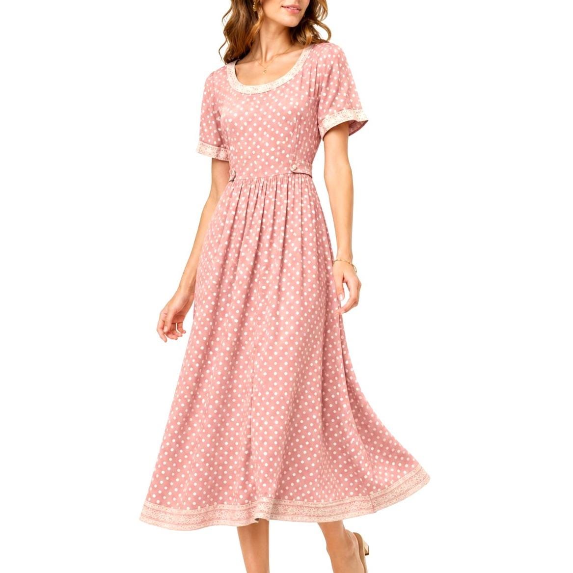 dusty pink polka dot dress Unique Vintage Plus Size Light Pink & Roses Swing Dress