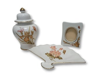 1980s Vintage Porcelain Butterfly & Lotus Dresser Vanity Accessories, Urn or Ginger Jar, Fan Trinket Dish, Picture Frame, Vintage Home Decor