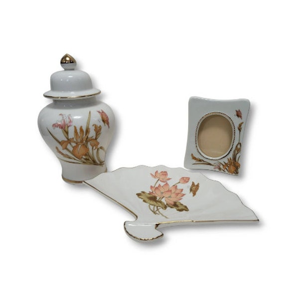 1980s Vintage Porcelain Butterfly & Lotus Dresser Vanity Accessories, Urn or Ginger Jar, Fan Trinket Dish, Picture Frame, Vintage Home Decor