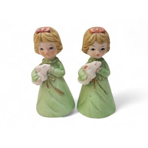 1970s Vintage Merri-Bells, Twin Little Girls & Bunny Bell Figurines, Handcrafted Bisque Porcelain, Decorative Collectible Home Decor