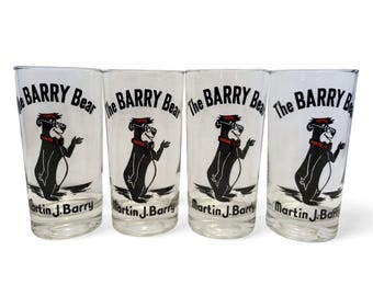1960s Vintage Barry Bear Glasses, 4 Advertising Mid Century Cocktail Barware Tumblers