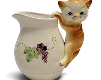 Vintage Porcelain Cat Handle Pitcher, Orange Tabby Ceramic Creamer, Cottagecore Decor