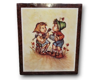 Vintage 1970s Boy & Girl Hummel Evans Lithograph, Kid Musicians Litho, Soroka Sales Decorator Wall Plaque, Vintage Nursery Art Hanging Decor