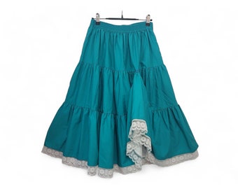 Vintage Square Dance Skirt, Tiered Lace Hem Midi, Blue Green Layered Gypsy Full Skirt, Country Line Dancing, Western, Vintage Clothing