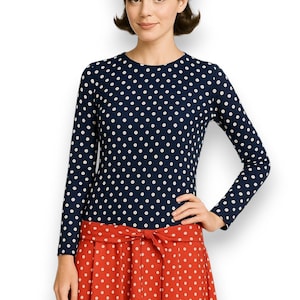 1960s Vintage Mod Scooter Dress, Blue Red Polka Dot Drop Waist Pleated Mini Skirt, Twiggy Laugh-In Go-Go Mini, ILGWU Tag, Vintage Clothing