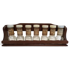 1970s Vintage Watkins Spice Jars & Hanging Wooden Rack, Rustic Farmhouse Kitchen Storage, Glass Apothecary, Cottagecore Shabby Chic