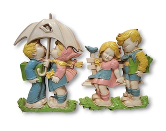 1970s Vintage Boy Girl Umbrella Kiss & School Bench Wall Plaques, Childs Nursery Wall Hanging, Homco Made in USA, Children Retro Home Decor