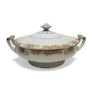 1930年代ヴィンテージ ノリタケ 花柄ミステリー柄 蓋付きボウル、金彩トリム 高級陶磁器 蓋付きサービングキャセロール、占領下日本、フォーマルディナー