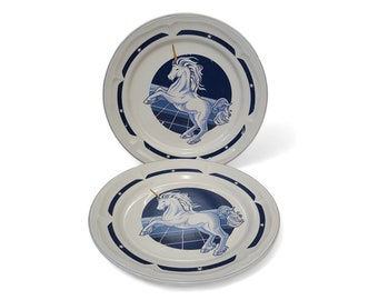 1980s Vintage Unicorn Plates, Mystical Celestial Magical, 2 Tienshan Stoneware Dishes, Dinner Place Setting, Vintage Kitchen Decor