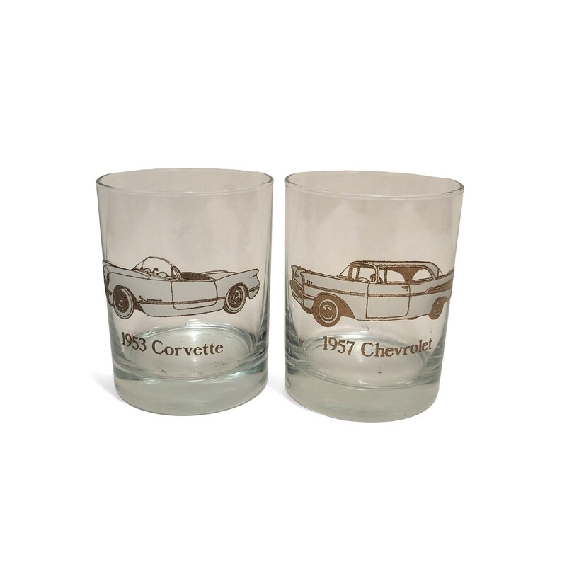 Vintage Dusseau Chevy Car Drink Glasses, 22K Gold Chevrolet Corvette Rocks Cocktail Glass, Double Old Fashioned Barware, Mid Century Bar image 1