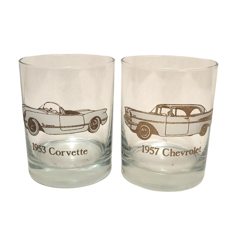 Vintage Dusseau Chevy Car Drink Glasses, 22K Gold Chevrolet Corvette Rocks Cocktail Glass, Double Old Fashioned Barware, Mid Century Bar image 6
