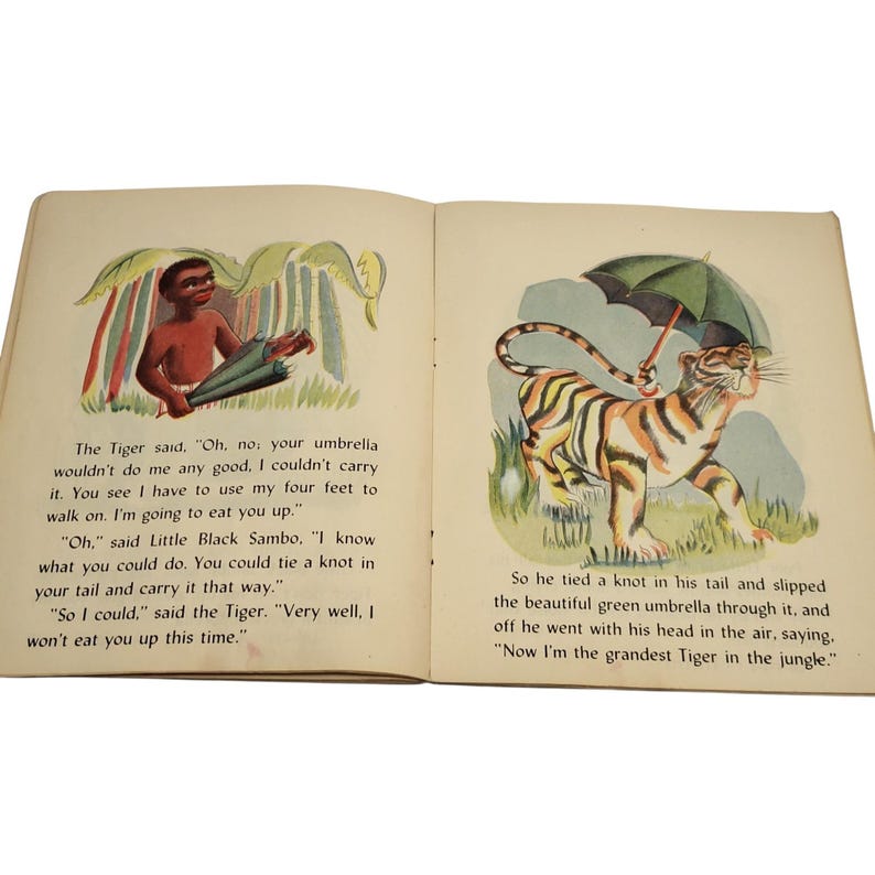 May include: Open book with illustrations from a children's story. One page shows a boy with an umbrella, the other a tiger with a green umbrella. Text accompanies the illustrations, telling a story.