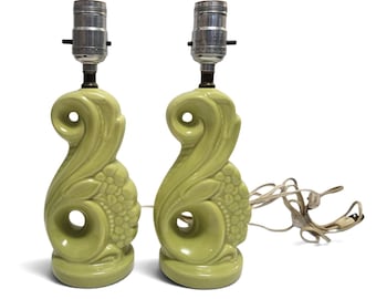 Vintage Sculptural Art Pottery Lamps, Green Ceramic, Pair Hollywood Regency Lighting, Biomorphic MCM