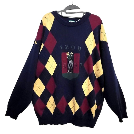 1990s Vintage Izod 1937 Embroidered Golf Sweater, Blue Cotton