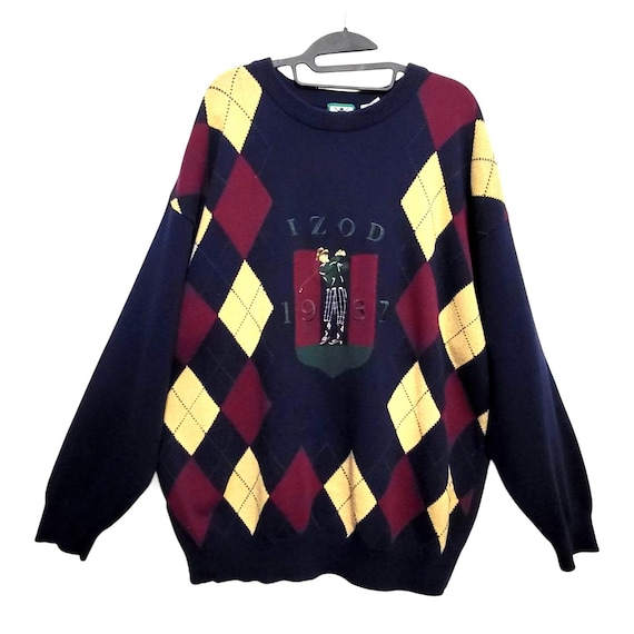 1990s Vintage Izod 1937 Embroidered Golf Sweater, Blue Cotton