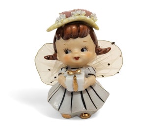 Vintage Wales Angel Figurine, Fairy Girl Holding Gift, Ceramic Pixie w/ Tulle Mesh Wings, Mid Century Modern, Japan, Vintage Home Decor