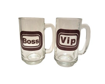 1970s Vintage Boss & VIP Beer Mugs, Bar Glasses, HBIC, Girl Boss, Typography Helvetica, POP Art Graphic Drink Glasses, Vintage Retro Barware