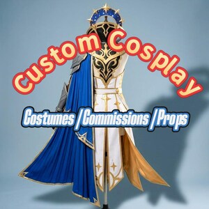 May include: A custom cosplay costume on a mannequin. The costume has a white and gold bodice with detailed patterns, a blue cape, and a headpiece. The image includes the text "Custom Cosplay" and "Costumes / Commissions / Props".