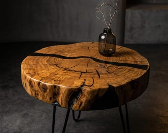 Dark Live Edge salontafel, handgemaakte epoxyhouten tafel, rustieke moderne accenttafel, massief houten meubels