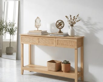 Narrow Console Table with 3 Drawers, Rattan Entryway Sofa Table Shelf