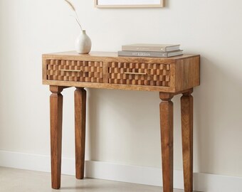 Solid Mango Wood Console Table with Two Drawers, Narrow Entryway Storage