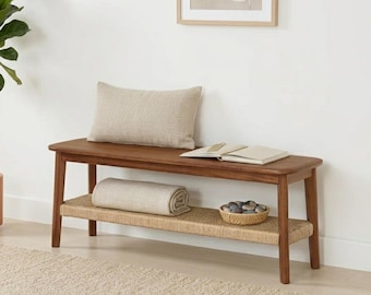 Acacia Wood Entryway Bench with Shoe Storage Shelf, Mid Century Bedroom Seating