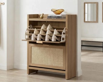 Boho Rattan Shoe Storage Cabinet, Entryway Shoe Organizer with Doors and Shelves