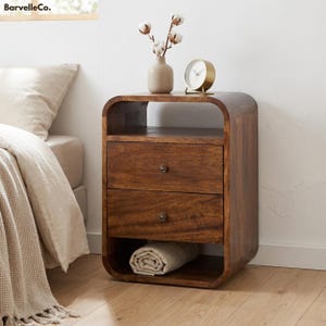 Narrow Nightstand with Drawers, Solid Mango Wood Bedside Table, Chestnut Finish