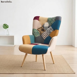 Patchwork Accent Chair, High Back Tufted Reading Armchair, Floral Upholstery