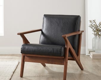 Faux Leather Mid Century Modern Armchair, Solid Wood Living Room Lounge Chair