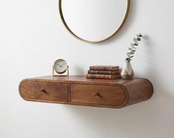 Floating Console Table with Drawers, Narrow Wall Mounted Entryway Shelf, Solid Mango Wood