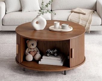 Round Coffee Table, Modern Drum Design, Curved Sliding Door, Hidden Living Room Storage