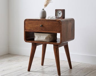 Solid Mango Wood Nightstand with Drawer, Chestnut Bedside Table, Open Shelf Storage
