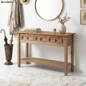Solid Pine Wood Console Table with 3 Drawers and Shelf, Narrow Entryway Table