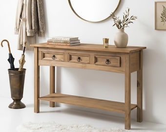 Solid Pine Wood Console Table with 3 Drawers and Shelf, Narrow Entryway Table