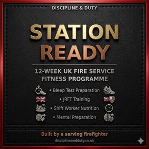 May include: A black and red graphic promoting a 12-week UK Fire Service fitness programme. The words "STATION READY" are in gold lettering. The programme includes Bleep Test Preparation and JRFT Training.