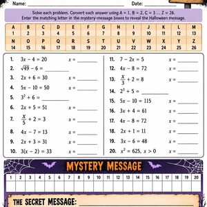 Halloween Math Mystery Worksheet | High School Math Activity | Algebra Puzzle Printable | Halloween Classroom