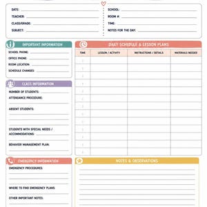 May include: A Substitute Teacher Daily Planner sheet featuring a colorful header with an apple and pencil cup illustration. The form includes sections for school details, daily schedules, lesson plans, emergency information, and daily notes.