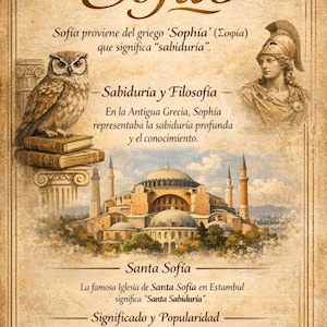 Puede incluir: Un grabado de estilo vintage con el nombre "Sofia" en una elegante tipografía. La imagen incluye un búho, un busto clásico y una representación de Santa Sofía. El texto explica el significado del nombre y su importancia histórica.