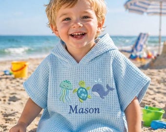 Personalized Embroidered Name Cotton Hooded Towel, Custom Name Toddler Beach Bath Towel, Baby Beach Gift, Embroidered Kids Baby Shower Gift