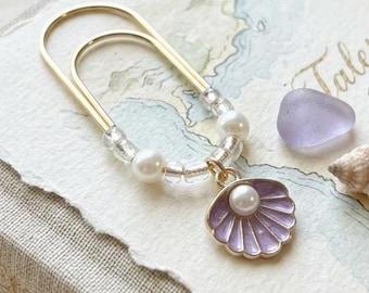 Journal Bookmark, Planner Charm Lavender Gold Seashell Pearl with Glass Beads