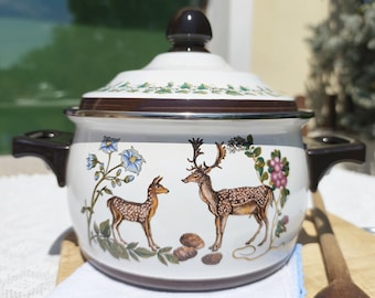 Vintage ASTA Enamel Casserole Pot, Cottagecore Deer Pattern Dutch Oven, German Cookware 1970s