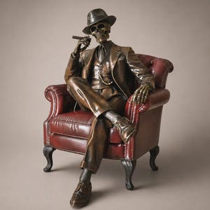 May include: A bronze-toned sculpture of a skeleton wearing a fedora, suit, and tie, seated in a deep red leather armchair. The figure holds a cigar in one hand and rests the other on the armrest, featuring a pocket watch chain on the vest.