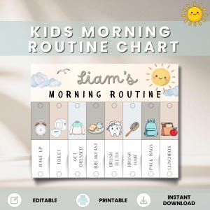 May include: A printable kids' morning routine chart with the text "KIDS MORNING ROUTINE CHART" and "Liam's MORNING ROUTINE". The chart includes illustrations for wake up, toilet, get dressed, breakfast, brush teeth, brush hair, pack bags, and lunchbox.