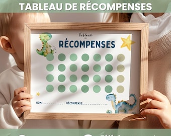 May include: A wooden-framed reward chart with the text "TABLEAU DE RÉCOMPENSES" at the top. The chart features green circles for tracking, dinosaur illustrations, and the words "NOM" and "RÉCOMPENSE" for personalization. The bottom has "Imprimable" and "Téléchargement instantané".