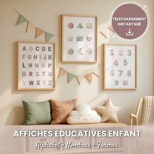 May include: Three framed educational prints with a wooden frame, featuring the alphabet, numbers, and shapes. The prints are in soft pastel colours and are decorated with a garland. The text "TELECHARGEMENT INSTANTANÉ" is in a circle in the top right corner.