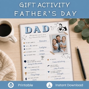 Puede incluir: Una hoja de actividades imprimible para el Día del Padre con la palabra "DAD" en letras azules grandes. La hoja incluye secciones para completar sobre las preferencias del padre, una foto y las frases "Gift Activity" e "Instant Download".